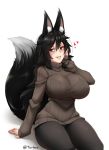  1girl animal_ear_fluff animal_ears artist_name black_hair black_pants breasts brown_eyes commentary english_commentary eyebrows_visible_through_hair fox_ears fox_tail hair_between_eyes hand_on_own_cheek heart huge_breasts impossible_clothes impossible_sweater long_hair long_sleeves looking_at_viewer original pants parted_lips ribbed_sweater simple_background sitting sleeves_past_wrists smile solo sweater tail turtleneck turtleneck_sweater twitter_username twrlare white_background 