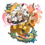  1girl animal_ears apple arrow artist_request blue_eyes boots bow bug butterfly dragalia_lost food fruit full_body gauntlets insect long_hair looking_at_viewer midriff non-web_source official_art open_mouth quiver rabbit_ears sarisse_(dragalia_lost) skirt skirt_lift smile white_hair 