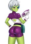  1girl absurdres ass bike_shorts blush cheelai dragon_ball from_behind green_skin gun highres looking_at_viewer looking_back nekosama_shugyouchuu shorts skin_tight smile solo standing violet_eyes weapon white_hair 