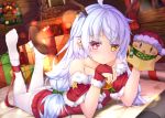  1girl ahoge antlers azur_lane bangs bell blurry blush bokeh bow box chin_rest christmas closed_mouth collarbone commentary_request curtains depth_of_field dress dutch_angle eyebrows_visible_through_hair feet fireplace fur-trimmed_dress fur_trim gift gift_box gloves green_bow green_neckwear hair_bow hand_puppet hands_up hat heterochromia indoors legs_up light_particles long_hair looking_at_viewer low_twintails lying mole mole_under_eye nicholas_(azur_lane) off_shoulder on_stomach pantyhose pom_pom_(clothes) puppet red_dress red_eyes red_gloves red_hat red_ribbon reindeer_antlers ribbon santa_costume santa_hat shimo_(shimo332215) sidelocks slippers solo star thighband_pantyhose twintails white_hair white_legwear window wreath yellow_eyes yellow_ribbon 