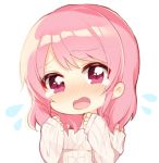  1girl bang_dream! bangs chibi clenched_hands flying_teardrops hair_down hands_up long_hair long_sleeves looking_at_viewer maruyama_aya nameneko_(124) open_mouth pink_eyes pink_hair simple_background sleeves_past_wrists solo sweater tears upper_body white_background white_sweater 