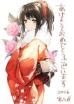  1girl 2016 bangs black_hair blush bow brown_eyes commentary_request dated floral_background floral_print flower from_side fur_trim furisode japanese_clothes kimono komecchi looking_at_viewer looking_to_the_side obi original ponytail red_bow sash sidelocks smile solo translated white_background 