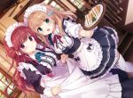  2girls :d apron blue_eyes brown_hair commentary_request curtsey dress dutch_angle food hair_ornament holding holding_tray indoors juliet_sleeves kimishima_ao long_dress long_hair long_sleeves looking_at_viewer maid maid_apron maid_headdress multiple_girls neck_ribbon open_mouth original puffy_sleeves redhead ribbon sandwich short_sleeves smile thigh-highs tray violet_eyes white_legwear 