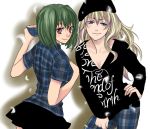  blonde_hair blue_eyes fujiwara green_hair hat long_hair macross macross_frontier petals plaid ranka_lee red_eyes sheryl_nome short_hair skirt smile tartan 