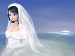  black_hair blue_eyes bride dress original wading water wedding_dress yori 
