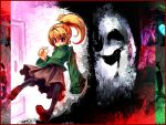  1280x960 blue_eyes darkness door open_mouth pantyhose poniko ponytail skirt turtleneck uboa ukyo_rst wallpaper yume_nikki 