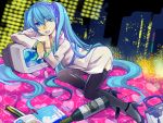  bad_id bag blouse blue_eyes blue_hair city drink fishnets formal glasses hatsune_miku high_heels lights lipstick purse shoes skirt suit television thigh-highs thighhighs twintails vocaloid wine wink 