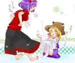 barefoot hat long_skirt moriya_suwako multiple_girls skirt touhou translation_request yasaka_kanako