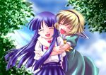  blonde_hair closed_eyes fang furude_rika higurashi_no_naku_koro_ni houjou_satoko hug long_hair multiple_girls purple_hair sailor_dress shirokuma shirokuma_(hello) smile 