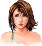  1girl bare_shoulders blue_eyes brown_hair earrings face female final_fantasy final_fantasy_x green_eyes heterochromia jewelry lips looking_at_viewer nomura_tetsuya official_art parted_lips short_hair simple_background solo white_background yuna 