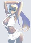  armpits blonde_hair blue_eyes breasts dark_skin highres midriff navel okojo original short_shorts shorts solo 