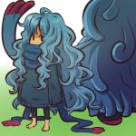  1girl barefoot blue_hair dark_skin hitec long_hair long_sleeves messy_hair moemon personification pokemon pokemon_(creature) pokemon_(game) pokemon_dppt scarf sweater tangrowth very_long_hair 