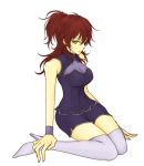  boots breasts cleavage gundam gundam_00 lowres nena_trinity ponytail red_hair redhead sakichi see-through shorts side_ponytail sitting thigh-highs thigh_boots thighhighs yellow_eyes zettai_ryouiki 