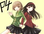  amagi_yukiko back-to-back black_eyes black_hair brown_eyes brown_hair hairband holding_hands jacket kotonemaru locked_arms long_hair multiple_girls open_mouth persona persona_4 pins plaid satonaka_chie school_uniform short_hair skirt track_jacket zipper 