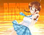  absurdres akizuki_ritsuko antenna_hair blush braid brown_eyes brown_hair glasses highres idolmaster necktie rough_time_school school_uniform skirt twin_braids 