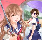  closed_eyes lowres rain school_uniform serafuku smile umbrella 