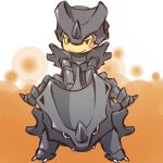  1boy armor blush blush_stickers brown_eyes claws costume fangs grey_hair hitec horns moemon personification pokemon pokemon_(creature) pokemon_(game) pokemon_rgby rhyhorn riding smile 