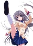  clannad curve_of_ass hairband headband high_kick highres kick kicking leg_lift long_hair miniskirt sakagami_tomoyo school_uniform shoes short_skirt silver_hair skirt sole_of_shoe very_long_hair white_socks 