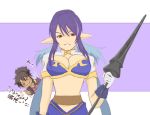  1girl blue_hair breasts gloves hon_(orange-ade) judith lance large_breasts midriff pointy_ears polearm raven red_eyes smile tales_of_(series) tales_of_vesperia weapon xbox 