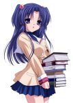  1girl book clannad hair_bobbles hair_ornament highres ichinose_kotomi long_hair official_art purple_eyes school_uniform solo two_side_up violet_eyes white_background 