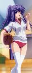  1girl absurdres artist_request basketball buruma clannad collared_shirt fujibayashi_kyou gym_uniform highres long_hair long_image official_art ponytail poster purple_eyes purple_hair solo stick_poster tall_image thigh-highs thighhighs violet_eyes whistle 