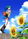  blue_eyes flower green_hair highres k3_(dolphin_brain) looking_back original school_uniform skirt sky sunflower 