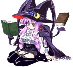  book cosplay crescent crossover hat lilith lilith_(cosplay) long_hair lute_(artist) parody patchouli_knowledge purple_hair solo touhou yami_to_boushi_to_hon_no_tabibito 