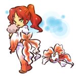  1girl cotton_candy goldeen green_eyes hitec horns japanese_clothes kimono moemon personification pokemon pokemon_(creature) pokemon_(game) pokemon_rgby ponytail red_hair redhead ribbon ribbons tongue yukata 