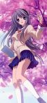  absurdres blue_eyes clannad glasses hairband headband highres kneehighs long_hair long_image open_mouth petals poster sakagami_tomoyo school_uniform silver_hair skirt socks solo stick_poster tall_image very_long_hair 