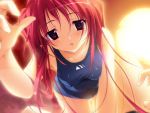  competition_swimsuit fujiwara_warawara game_cg haruka_ni_aogi_uruwashi_no jpeg_artifacts long_hair one-piece_swimsuit red_eyes red_hair redhead swimsuit wet 