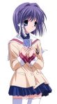  card cards clannad fujibayashi_ryou highres holding holding_card purple_hair school_uniform short_hair thigh-highs thighhighs 