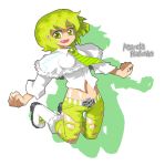  belt boots fang green_eyes green_hair lowres midriff mushroom necktie original oso oso_(toolate) personification pixel_art short_hair smile solo torn_clothes transparent_background 