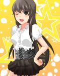  1girl black_eyes black_hair blouse female hana_(den-o) kamen_rider kamen_rider_den-o_(series) no_legwear sasakure skirt smile solo star stars wink 