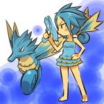  &gt;:| 1girl bare_shoulders barefoot blue_hair blush_stickers dress gun hand_on_hip hitec moemon personification pokemon pokemon_(creature) pokemon_(game) pokemon_rgby ponytail ribbon ribbons seadra water_gun weapon 