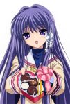  blue_hair candy chocolate clannad fujibayashi_kyou heart holding holding_gift incoming_gift long_hair open_mouth pov purple_eyes purple_hair ribbon ribbons school_uniform smile valentine very_long_hair 