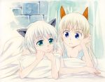  agahari animal_ears bed blue_eyes eila_ilmatar_juutilainen green_eyes multiple_girls sanya_v_litvyak strike_witches 