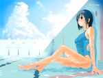  blue_eyes blue_hair cloud clouds competition_swimsuit empty_pool feet frogman nylon one-piece_swimsuit pool pool_ladder shallow_water short_hair sitting solo starting_block submerged swimsuit water wet 
