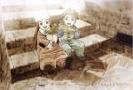  1girl brown child claus_valca couple happy hat highres last_exile lavie_head long_hair official_art sepia smile stairs vanship 
