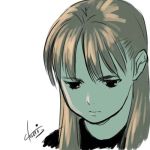  artist_request black_eyes brown_hair face long_hair lowres sad serious signature source_request 