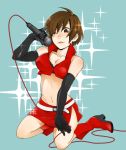  belt boots breasts brown_eyes brown_hair cleavage elbow_gloves gloves high_heels lipstick meiko microphone midriff shoes short_hair skirt solo vocaloid wink 