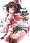  1girl alternate_costume ass bow christmas clothes_writing fingerless_gloves gloves goushou hair_ornament hat kantai_collection long_hair merry_christmas open_mouth panties remodel_(kantai_collection) sack santa_costume santa_hat sendai_(kantai_collection) simple_background solo thigh-highs torpedo two_side_up underwear white_background white_legwear 
