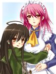  blue_eyes hug long_hair lowres maid piku pink_hair red_eyes school_uniform shakugan_no_shana shana short_hair wilhelmina_carmel 