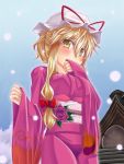  blonde_hair blush flower hat japanese_clothes kimono kuon846 long_hair ribbon ribbons sha_(pixiv) touhou yakumo_yukari 