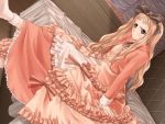  blush bow brown_eyes brown_hair dress flat_chest frills frown game_cg genmukan hair_bow long_hair nakakouji_ayano sitting socks solo taka_tony wavy_hair 