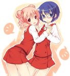  blue_eyes blue_hair blush double_bun glasses hand_holding hidamari_sketch hiro holding_hands interlocked_fingers kurasuke leaning_forward multiple_girls pink_hair red_eyes sae school_uniform short_hair 