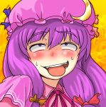 1girl ahegao blush bust commentary crescent face hat long_hair patchouli_knowledge purple_hair solo sweat tongue touhou yukiman 