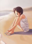  beach brown_eyes brown_hair child feet hands_on_feet knee_hug kokudou_juunigou leg_hug original route_12 sandals short_hair sitting tears 