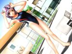  barefoot chin-up_bar competition_swimsuit diving_block dutch_angle game_cg goggles green_eyes joy_ride one-piece_swimsuit pool poolside purple_hair short_hair sokkou_hikaku_jirai_circle standing starting_block swimsuit 