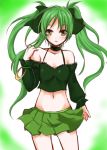  bad_id bare_shoulders blush brown_eyes green green_hair long_hair midriff miniskirt navel original skirt smile twintails 
