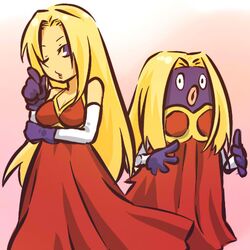  1girl blonde_hair breasts dress elbow_gloves glove gloves hitec jynx lips long_hair moemon personification pokemon pokemon_(creature) pokemon_(game) pokemon_rgby purple_eyes violet_eyes wink 